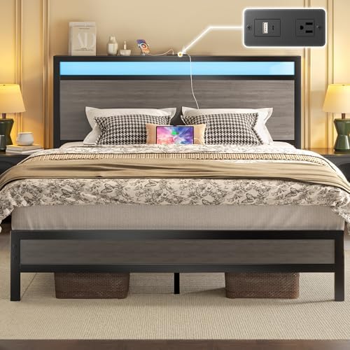 Queen Bed Frame with Headboard & Footboard, Bed Frame with Built-in Charging Station & LED Light, Storage Shelf, Noise-Free, No Box Spring Needed, Easy Assembly, Rustic Grey