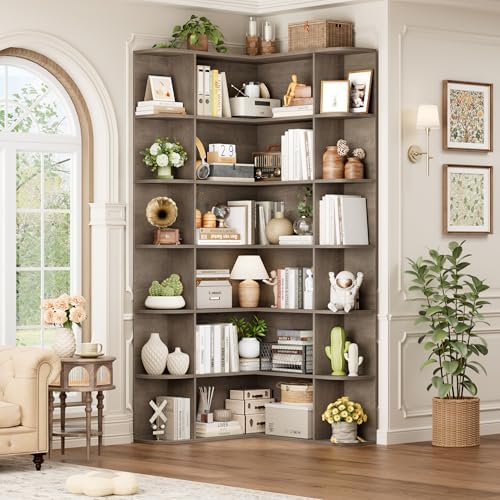 FOTOSOK 74†Tall Corner Bookshelf, 6-Tier Bookshelf and Bookcase with Open Storage, Tall Bookcases Wooden Storage Shelves for Home Office, Thickened Boards for Better Load Bearing, Vintage Grey