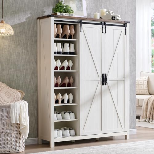 OKD Shoe Storage Cabinet with 2 Sliding Door, 7-Tier 62" Tall Farmhouse Entryway Shoe Organizer, Freestanding Rustic Hidden Shoe Rack Cabinet for Entryway, Antique White