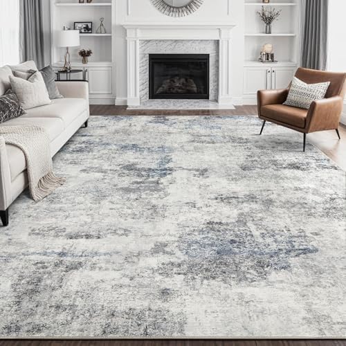 Living Room Area Rugs - 9x12 Abstract Large Soft Indoor Washable Rug Neutral Modern Low Pile Carpet for Bedroom Dining Room Farmhouse Home Office - Grey Blue