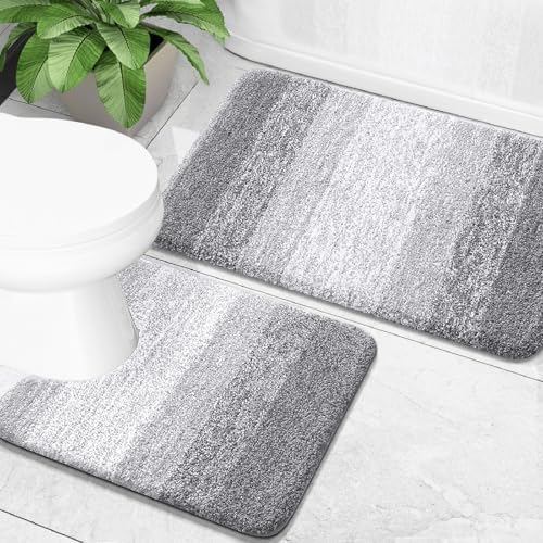 OLANLY Bathroom Rug Set 2 Piece, Soft Absorbent Microfiber Bath Mats and U-Shaped Contour Toilet Rug, Non-Slip, Machine Wash Dry, Plush Shaggy Bath Mats for Bathroom (24"x16"+24"x20", Light Grey)