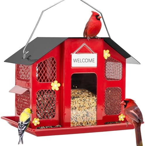Kingsyard Metal Mesh Bird Feeders for Outdoors Hanging, Wild Bird Feeder with Weatherproof Roof & Seed Tray for Cardinal Finch Chickadee, Red