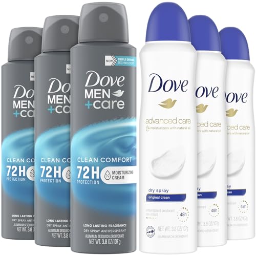 Dove Deodorant Spray Men+Care + Dove Advanced Care Deodorant for Women - Dry Spray Deodorant Antiperspirant for Men, Women, Teenagers with Moisturizing Oil, Scented, 3.8 Oz (6 Piece Set)