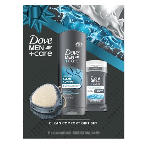Dove Men+Care Gift Set β Clean Comfort Body + Face Wash, Clean Comfort Aluminum-Free Deodorant & Dual-Sided Shower Tool (3 Piece Set)