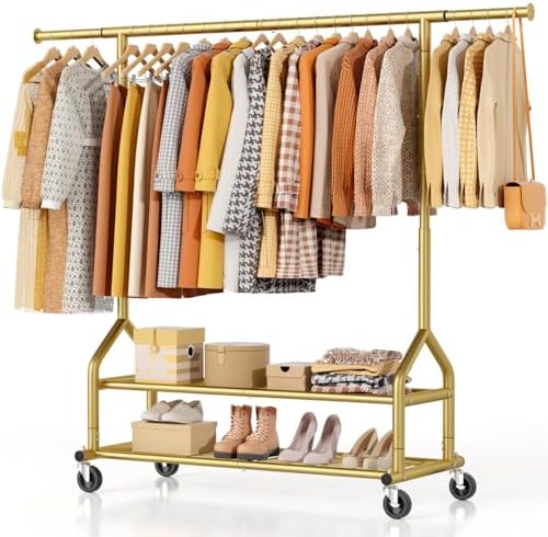 EAGMAK Heavy Duty Clothes Rack Load 556 LBS, Rolling Clothing Rack With Shelves, Height Adjustable Metal Clothes Hanger with Wheels Portable Wardrobe Organizer Garment Rod for Hanging Clothes (Gold)