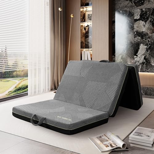 Tri Folding Mattress Full Size - Memory Foam Tri-fold Mattress, Handle & Non-Slip Bottom, Portable Foldable Sofa Bed Floor Chair for Travel RV Camping Guest Yoga - 4 Inch, 73"x52"x4"