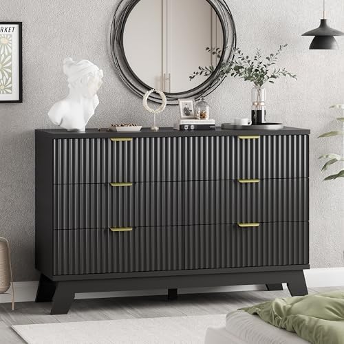 Fluted Dresser for Bedroom with 6 Drawers, 48" Wide Wooden Chest of Drawers with Metal Handle, Modern Dresser TV Stand, Wood Closet Clothes Storage Organizer for Living Room, Hallway, Black