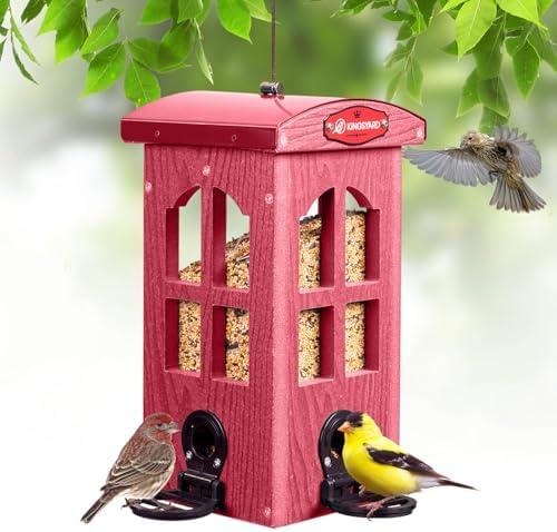 Kingsyard Upgraded Rainproof Bird Feeder for Outdoor Hanging - Metal Feeding Port, Recycled Plastic Wild Bird Feeder with Metal Mesh Tray for Goldfinch Small Bird, Garden Yard Decoration, Red