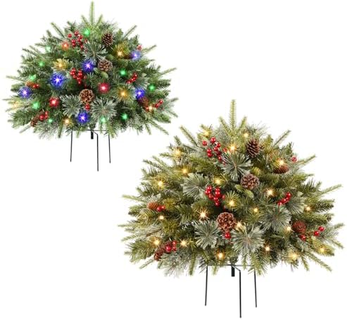 Alupssuc Set of 2 18 Inch Pre-lit Outdoor Christmas Tree with 50 Multi-Color Lights, Timer, Battery Operated Pre-Decorated Frosted Christmas Urn Filler for Pathway &Porch& Yard Decorations, 18 Inch