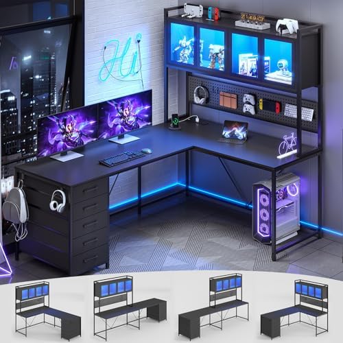 SEDETA L Shaped Gaming Desk with Drawers, L Shaped Computer Desk with Hutch and Storage Shelves, Gaming Desk with Pegboard, Led Lights, and Power Outlet, Home Office Desk, Corner Desk, Black