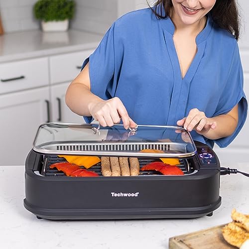 Indoor Grill, Techwood 1500W Smokeless Electric Grill with Tempered Glass Lid, Compact & Portable Non-Stick BBQ Grill with 6-Level Control, Dishwasher Safe, Black