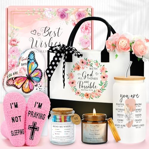 Christian Gifts for Women Faith Based Gift Inspirational Gifts for Women Birthday Unique Catholic Gift Bible Accessories Inclue Bible Verse Jar Butterfly Decorations Socks Glass Can Candles Tote Bag