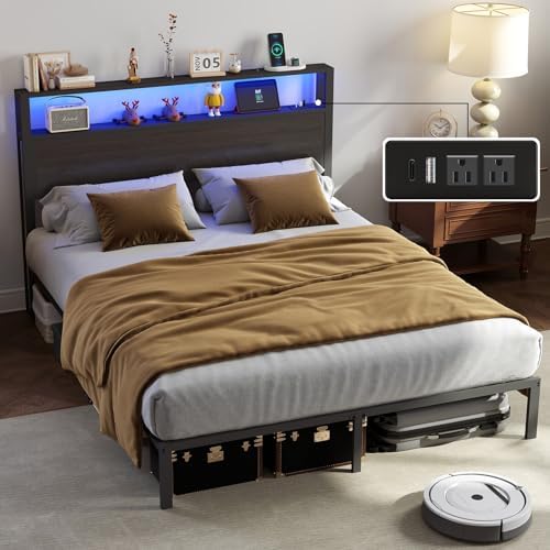 Full Size Bed Frame with Headboard, Metal Platform Bed Frame with LED Lights & Charging Station, Under Bed Storage, Solid and Stable, No Box Spring Needed, Noise Free, Easy Assembly, Dark Grey