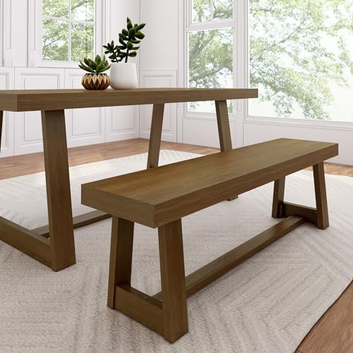 Plank+Beam 60 Inch Farmhouse Dining Bench, Solid Wood Entryway Bench, Wooden Outdoor Bench, Kitchen Dining Seat, Dining Room, Home Office, Living Room Furniture, Easy Assembly, Pecan Wirebrush