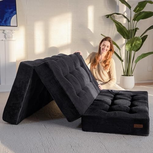 MAXYOYO Tri-Fold Mattress, 6 Inch Tufted Folding Futon Foam Bed, Foldable Floor Mattress Guest Bed Futon Topper Portable Camping Sleeping with Corded Fabric, Black, 59"x79"