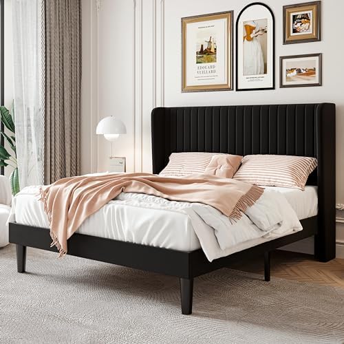 SHA CERLIN Full Size Velvet Bed Frame with Vertical Channel Tufted Wingback Headboard, Upholstered Platform Bed with Wood Slats, No Box Spring Needed, Easy Assembly, Black