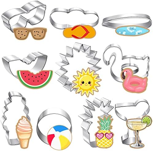10 Pieces Summer Pool Cookie Cutters Pineapple, Ice Cream, Flamingo, Flip Flop Sunglasses, Watermelon Cookie Cutters Molds for Summer Tropical Beach Pool Party Supplies Decorations