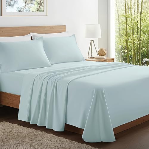 Kickoff Viscose Bamboo Sheets Queen Size 4-pc 100% Organic Bamboo Viscose Bed Cooling Sheets Queen Size Set Cool Bedding for hot Sleepers Sheet, Flat, Fitted, Pillowcases (Coastal Blue, Q)