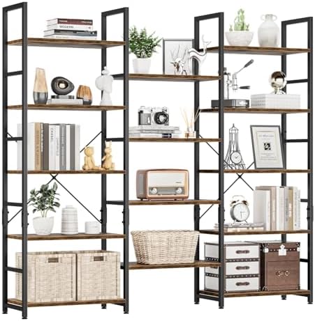 NUMENN Triple Wide 5 Tier Bookshelf, Rustic Industrial Style Bookcases with 14 Open Display Shelves, Modern Tall Bookcase Furniture for Bedroom, Living Room and Home Office, Vintage