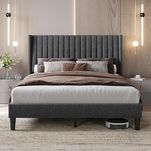 Yaheetech Queen Bed Frame Upholstered Platform Bed with Fabric Headboard, Wing Edge Design/Non-Slip and Noise-Free/Wooden Slats Support/No Box Spring Needed/Easy Assembly, Dark Gray Queen Bed