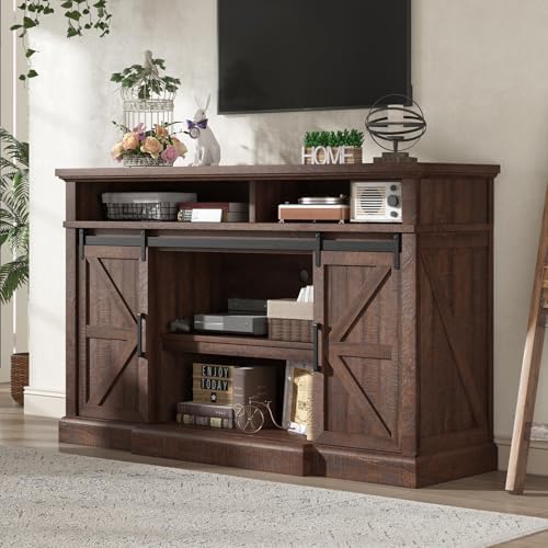 AMERLIFE 66" W Farmhouse TV Stand, Wood 40" H Tall Entertainment Center with Sliding Barn Door & Large Storage Shelves, Rustic Media Console for TVs up to 75", Reclaimed Barnwood
