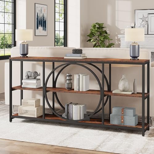 Tribesigns Extra Long Console Table, 70.9 inch Narrow Sofa Tables with 3 Tier Wood Storage Shelves Industrial Metal Frame for Entryway Hallway Living Room Behind Couch, Rustic Brown Black