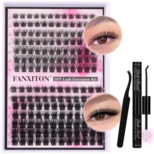 DIY Lash Extension Kit Volume Lash Clusters Fluffy D Curl 168pcs Individual Lashes Lash Bond and Seal Natural Soft Eyelash Extension Kit Lash Tweezers by FANXITON