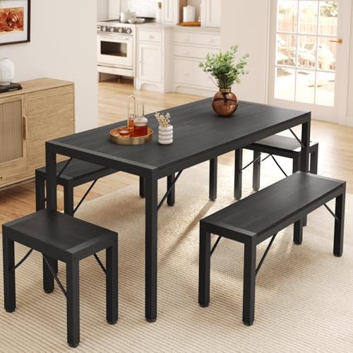 Gizoon 63" Dining Room Table Set for 6, Kitchen Table with 2 Benches and 2 Stools, Dining Table Set with Metal Frame, Space-Saving Kitchen Table Set for Apartment, Black