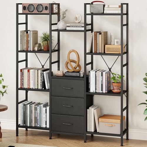 Triple Bookshelf with 3 Fabric Drawers, 4-Tier Book Shelf and 10 Display Shelves, Industrial Large Bookcase for Home & Office, Black, 47'' Wide