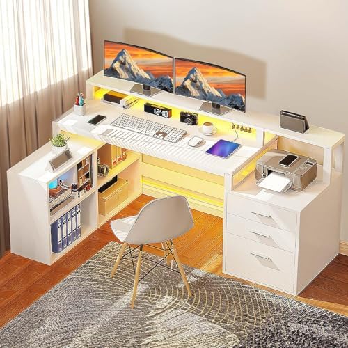 DWVO L Shaped Desk with Drawers, 65" Computer Desk with Power Outlets & LED Lights, Corner Home Office Desk with Storage Shelves & Printer Stand, White