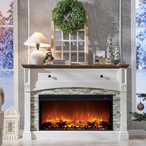 OKD 52" Farmhouse Electric Fireplace with Mantel, Tall Fireplace TV Stand w/Sime-Open Cubby, 36" Freestanding Electric Fireplace Heater,Remote Control, Adjustable 3D Realistic Flame