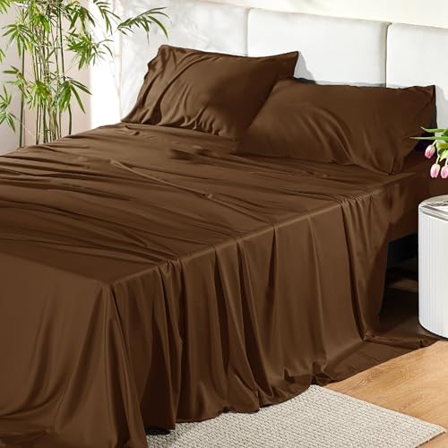 Bedsure Queen Sheet Set, Cooling Sheets for Queen Size Bed Set, Rayon Derived from Bamboo, Breathable & Soft Deep Pocket Up to 16 Inches, Hotel Luxury Silky Bedding, Bedsheet & Pillowcases, Brown