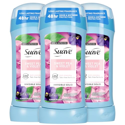 Suave Deodorant for Women, Sweet Pea & Violet – Invisible Solid Antiperspirant Deodorant Stick, 48H Protection, 2.6 Oz Ea (Pack of 3)