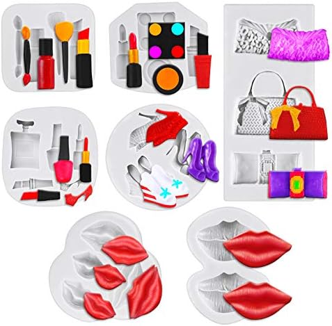 7 Pieces Makeup Theme Silicone Molds for Cake Chocolate Kiss Lipstick Perfume High Heels 3D Fondant Molds for Decorating Resin Handcraft DIY Supplies