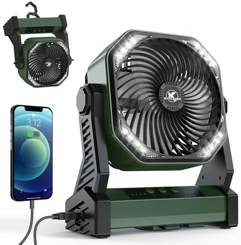 KITWLEMEN 20000mAh Battery Powered Camping Fan - 58H Max Cooling, Rechargeable Battery Operated Desk Fan with 4 Speeds, Bright Light & Hanging Hook, Portable for Tent Outdoor Hurricane Power Outage