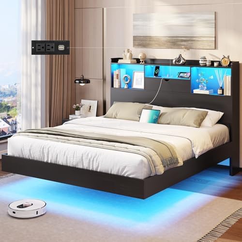 DICTAC Full Floating Bed Frame with LED Lights and Headboard Storage, Visual Floating Bed with Charing Station, Full Size Metal Platform Bed with Stable Structure, No Box Spring Need, Easy Assembly