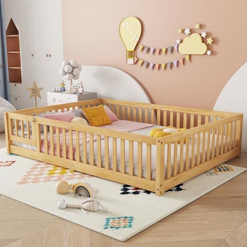 Bellemave Queen Size Floor Bed Frame with Slats and Safety Guardrail, Wood Queen Size Montessori Floor Bed with Door and Fence, Easy Assemble Montessori Beds for Kids, Girls, Boys, Natural