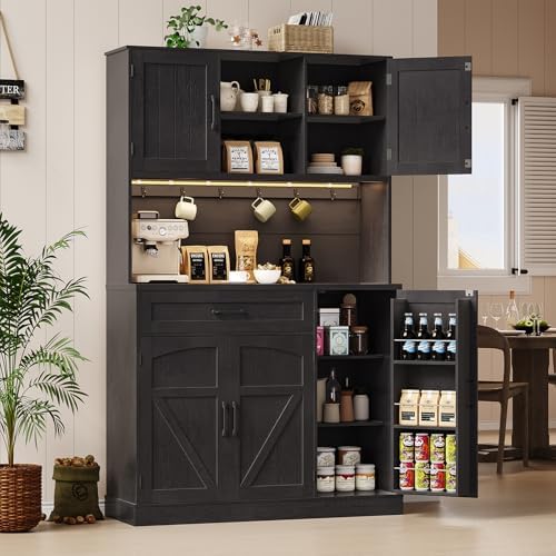 ONBRILL 71" Pantry Cabinet, Kitchen Pantry Storage Cabinet with LED Light & Outlet, Kitchen Hutch with Microwave Shelf & 6 Hooks, Door Shelf & Drawer & Adjustable Shelf, for Dining Room, Black