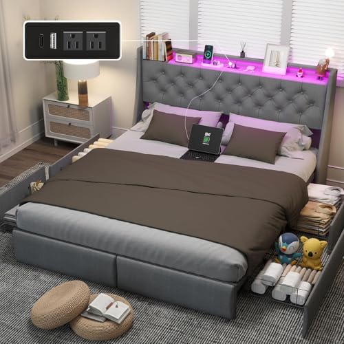 Queen Bed Frame with 4 Stoarge Drawers and LED Lights, Upholstered Platform Queen Size Bed Frame with Charging Station, Steel Slats Support, No Box Spring Needed, Noise-Free, Easy Assembly, Gray
