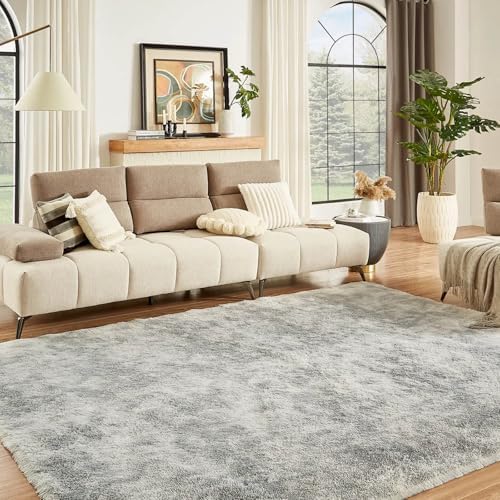 Floralux 9x12 Living Room Rug, Tie-Dyed Light Grey, Large Shag Bedroom Rugs, Soft Fluffy Shaggy Carpets, Machine Washable Area Rugs for Dorm Home Decor Aesthetic