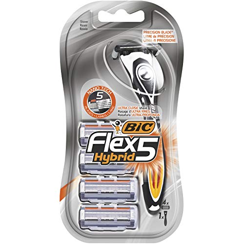 BIC Flex 5 Hybrid, Men's 5-Blade Razors, Precision Blade for Accuracy, Pack with 1 Handle and 4 Refills