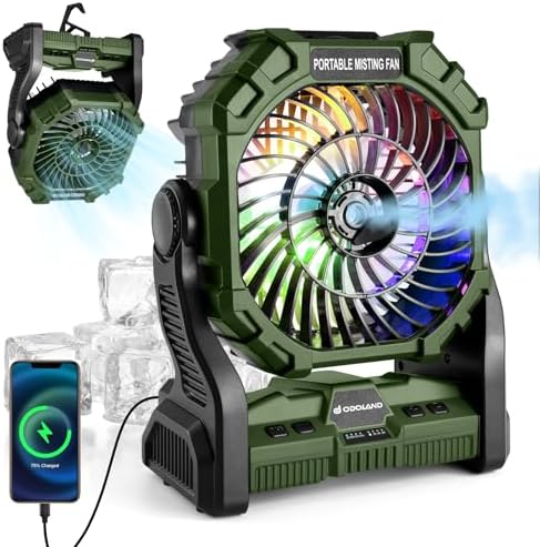 Odoland Portable Camping Fan with Spray, 250mL Water Tank, 10400mAh Rechargeable Battery Operated Tent Fan with Hook and Light, Outdoor Cooling for Patios, Beach, RV, Car, and Summer Use