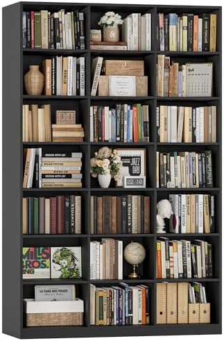 HOSTACK 86" H Triple Wide Bookshelf and Bookcase, 7 Tier Tall Bookshelf with Storage, Large Bookcase with 21 Open Display Storage Shelves, Wood Book Shelf Media CD DVD Storage for Living Room, Black