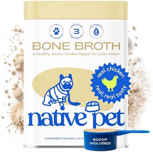 Native Pet Chicken Bone Broth Powder for Dogs & Cats, 5.75 oz - Pet Gravy Food Topper for Picky Eaters – Cat & Dog Bone Broth Powder - Protein Rich Pet Food Supplement & Collagen Source