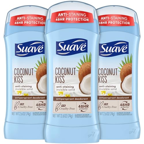 Suave Deodorant for Women, Coconut Kiss – Invisible Solid Antiperspirant Deodorant Stick, 48H Protection, 2.6 Oz Ea (Pack of 3)