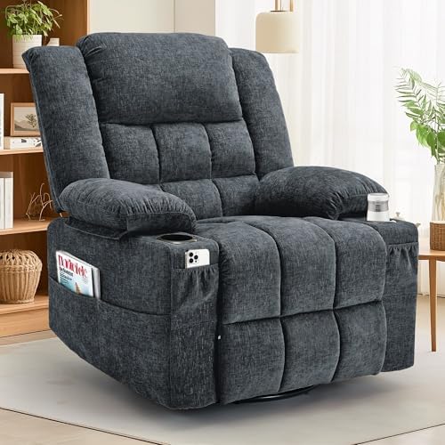 360° Swivel Rocker Recliner for Adults, Nursery Glider Recliner with Massage and Heating, Rocking Chair with Cup Holder, Manual Recliner Chair for Living Room, Bedroom (Fabric, Dark Gray)