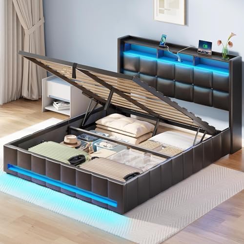 Rolanstar Bed Frame Queen Size with Lift Up Storage, Charging Station & LED Lights, Upholstered Storage Headboard, Heavy Duty Wooden Slats, No Box Spring Needed, Noise Free, Easy Assembly, Black
