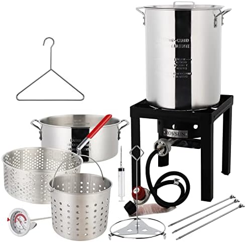 ROVSUN 30QT Turkey Fryer & 10QT Fish Fryer with 55000BTU Propane Burner, Outdoor Deep Fryer & Seafood Crawfish Boiler Steamer Pot with Thermometer, Marinade Injector, Turkey Rack & Rack Lifter
