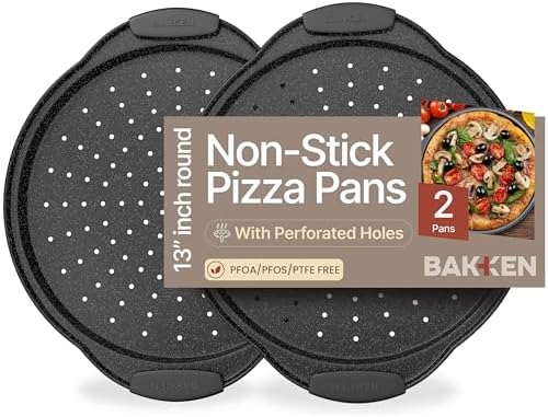 Bakken Pizza Baking Pan - Round Perforated Carbon Steel Pan with Non-Stick Marble Coating, Oversized Silicone Handle, Dishwasher Safe, High-Temperature Resistant, Durable & Easy Cleanup Gray, 2 Pack