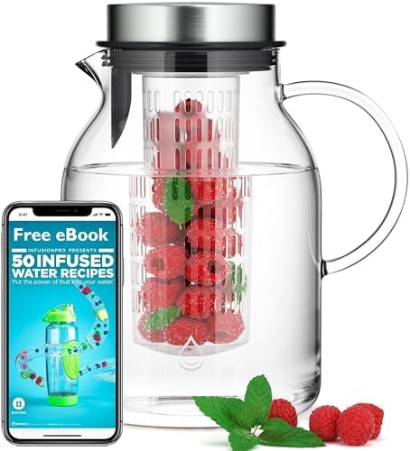 Infusion Pro Glass Fruit Infuser Water Pitcher, Heat Resistant for Hot/Cold Use, Great Iced Tea Pitcher | Tranquil Collection, 2 Qt